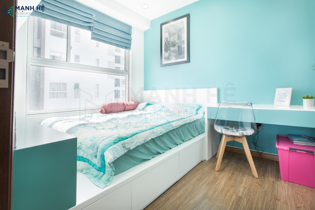 Hoàn thiện thi công nội thất chung cư Sunrise Riverside phòng bé màu xanh