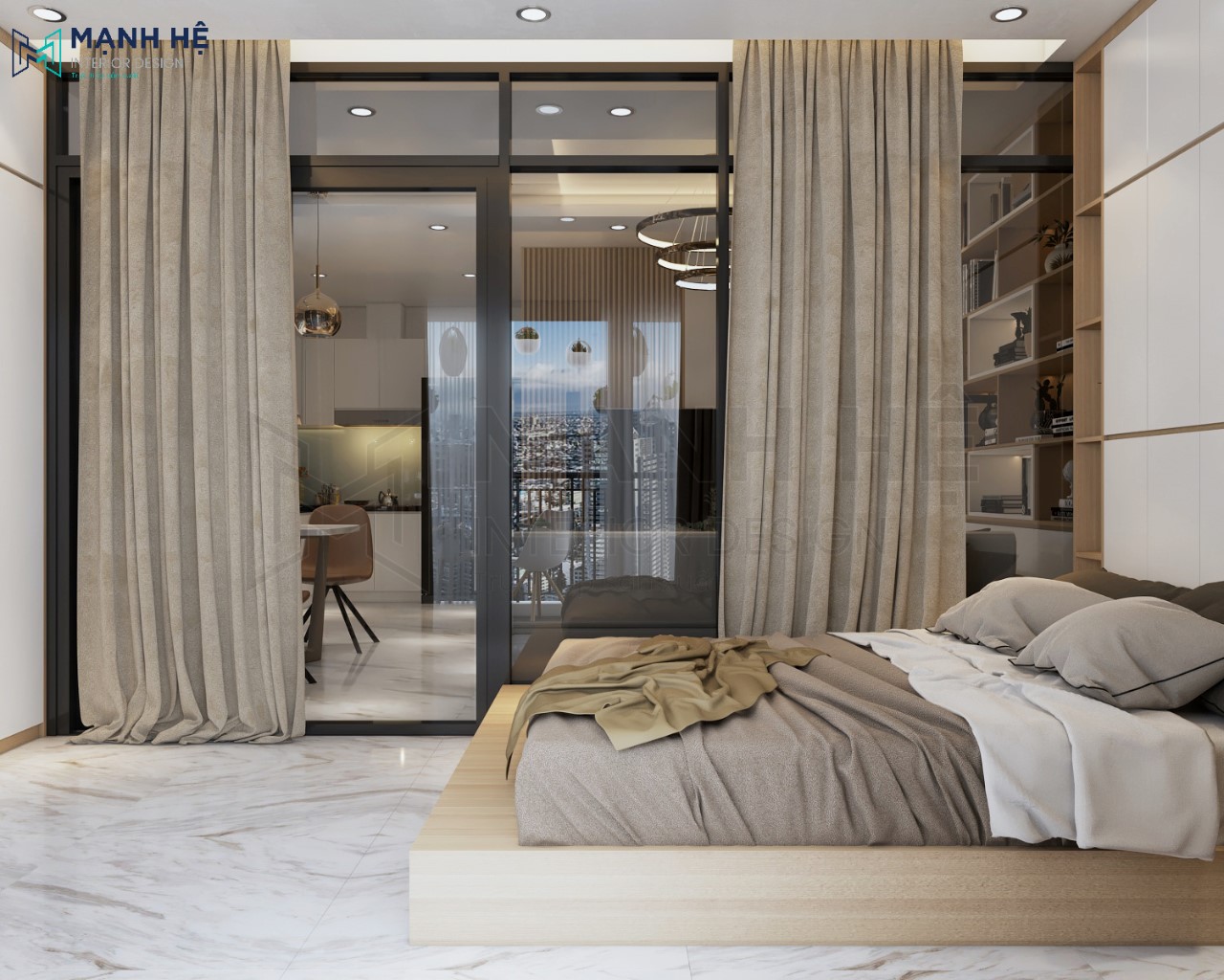 3. Cửa Kính Lùa Tách Biệt Phòng Ngủ Rèm cửa vừa tăng thêm vẻ đẹp cho không gian, lại tạo sự riêng tư cho phòng ngủ khi cần thiết