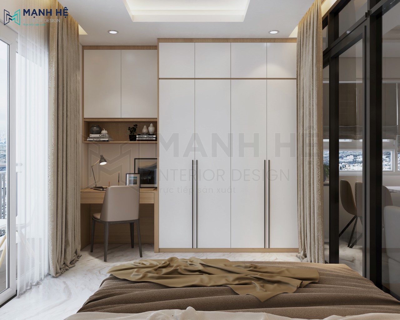 3. Hệ Tủ Quần áo Và Bàn Làm Việc Hệ tủ quần áo đụng trần tối ưu không gian, nối liền bàn làm việc có kích thước chuẩn xác