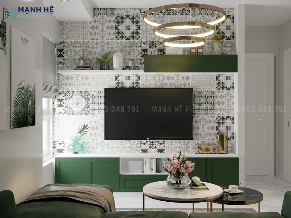 3 Ke Ti Vi Phong Khach Thiết kế nội thất phòng khách hiện đại với giấy dán tường họa tiết thổ cẩm