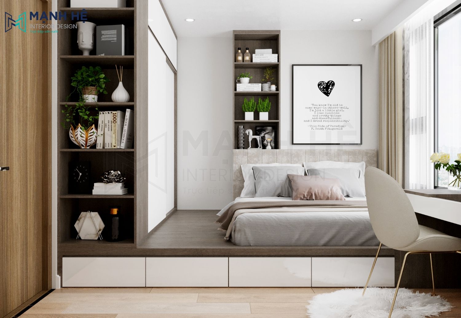 Thiet Ke Noi That Chung Cu Thiết kế giường ngủ dạng bục liền tủ có hộc kéo ngay bụng giường