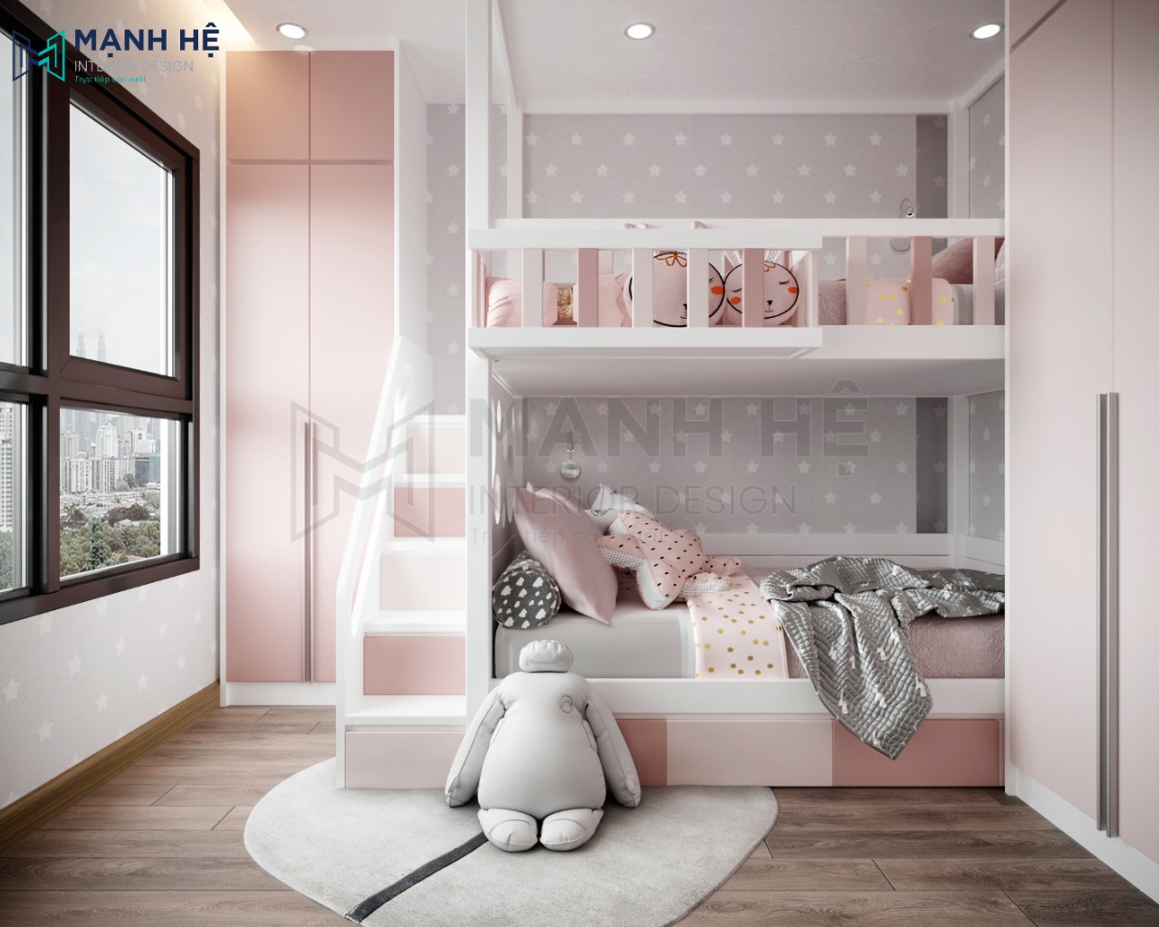Mẫu giường tầng thông minh cho trẻ em tích hợp thêm tủ áo 2 cánh