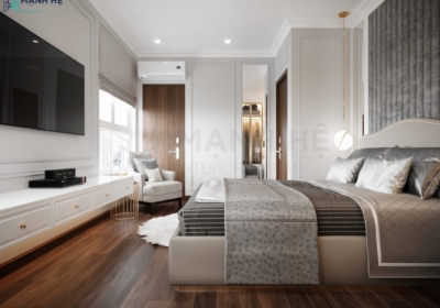 Đường phào chỉ chạy panel phòng ngủ là điểm nhấn đặc trưng trong phong cách tân cổ điển