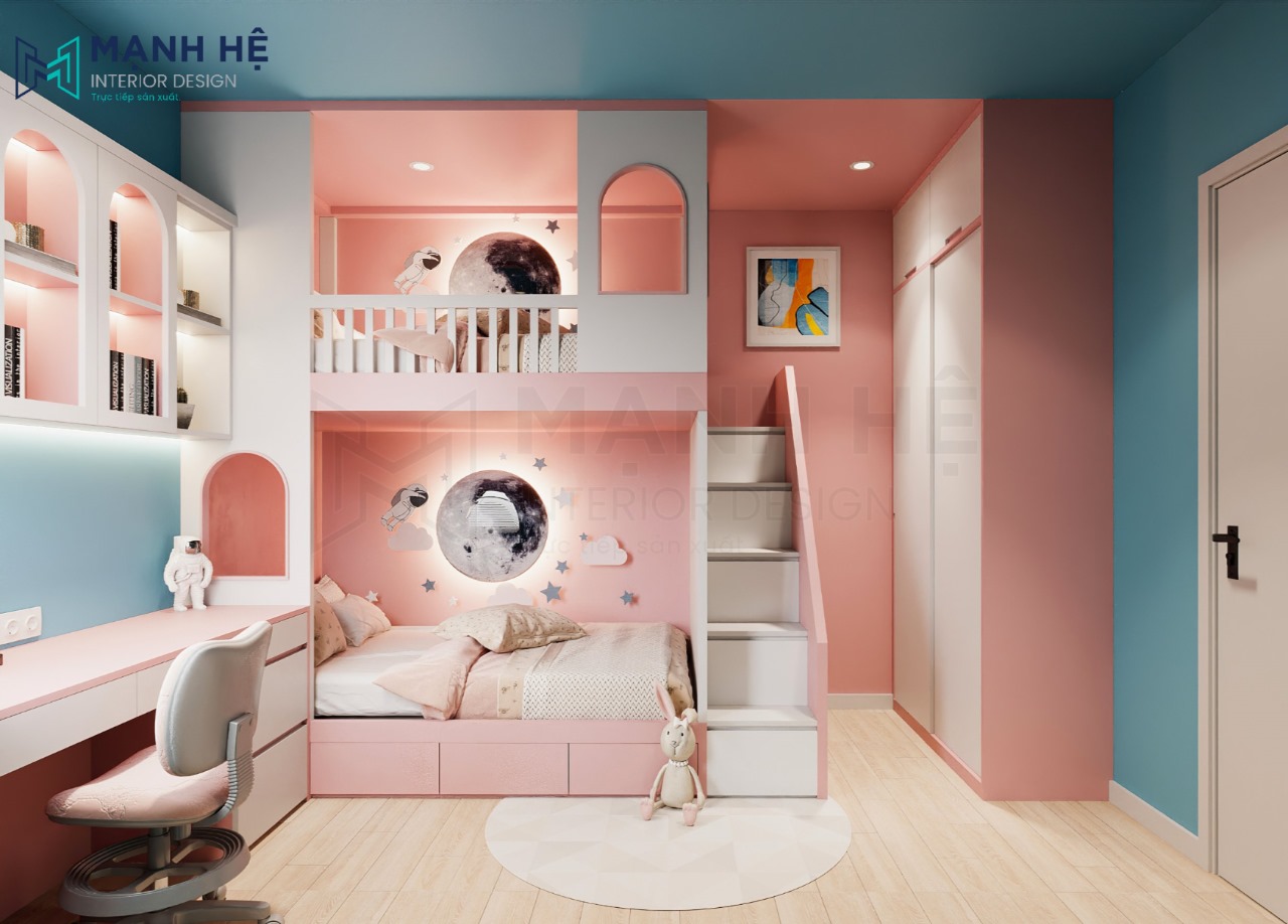 Thiết kế nội thất phòng ngủ đẹp cho bé với giường tầng màu hồng tiện nghi