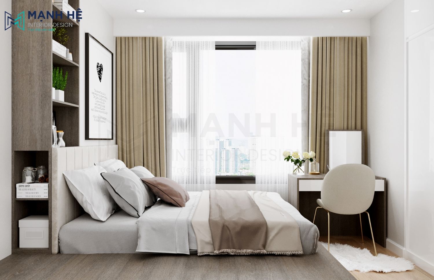 Thiet Ke Noi That Chung Cu Bàn trang điểm nối liền giường ngủ, có kích thước vừa sát với vách tường