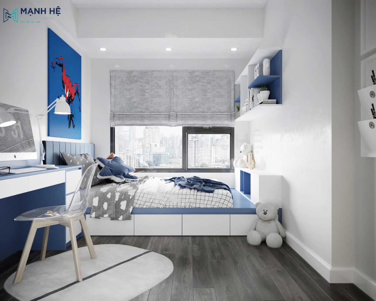 Thiet Ke Noi That Chung Cu Giường ngủ dạng bục cho bé có thêm không gian để đồ chơi, quần áo tiện nghi