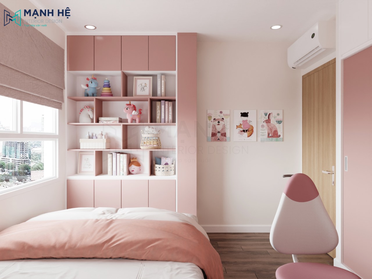 Kê tủ trang trí đặt dưới chân giường được sơn gam màu hồng đồng bộ với không gian