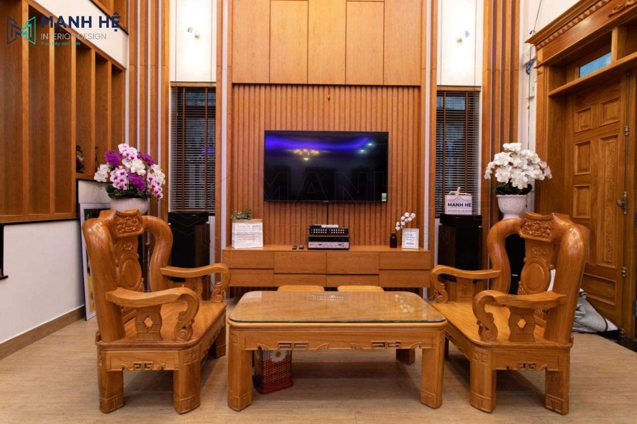 Vách tivi phòng khách hiện đại bằng đá tự nhiên