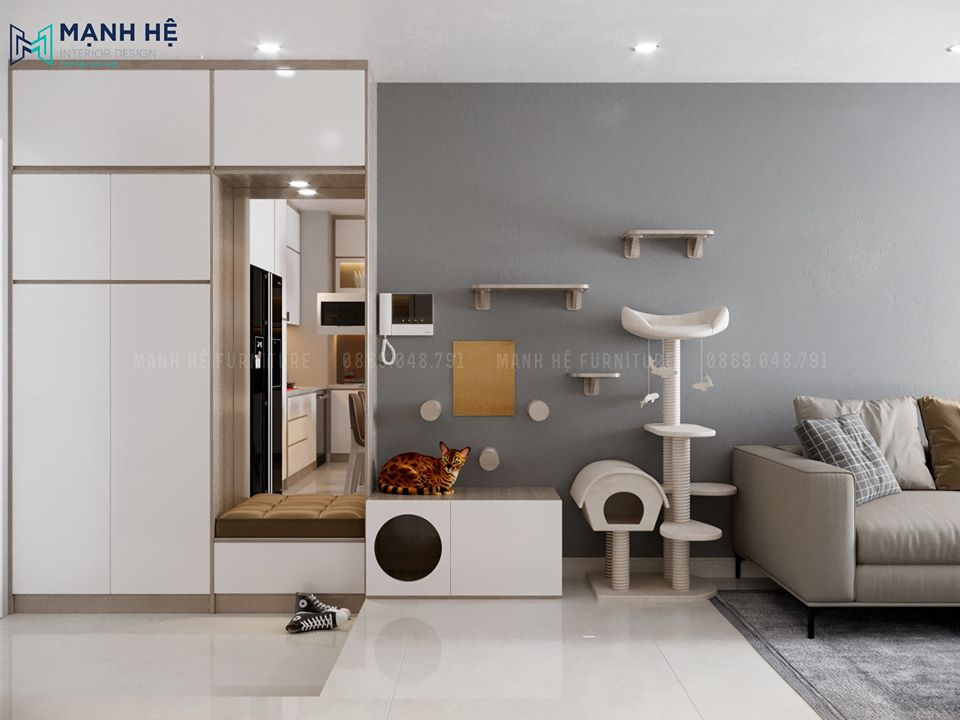 4hanh Lang Phong Khach Thiết kế nội thất phòng khách chung cư gam màu xám có khu vực vui chơi cho thú cưng