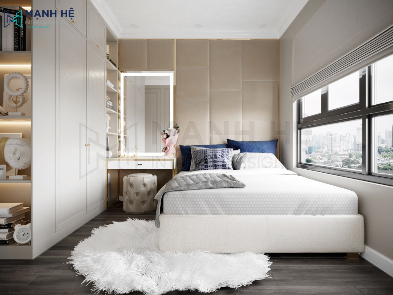 Tận dụng góc chết giữa tủ quần áo và giường ngủ thiết kế bàn trang điểm sang trọng