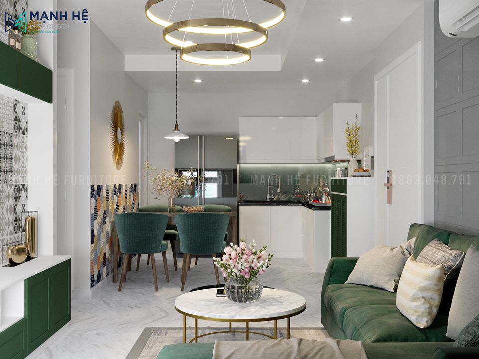 5 Phong Bep Thiết kế nội thất phong khách liền bếp hiện đại với chiếc tủ bếp màu trắng sạch sẽ