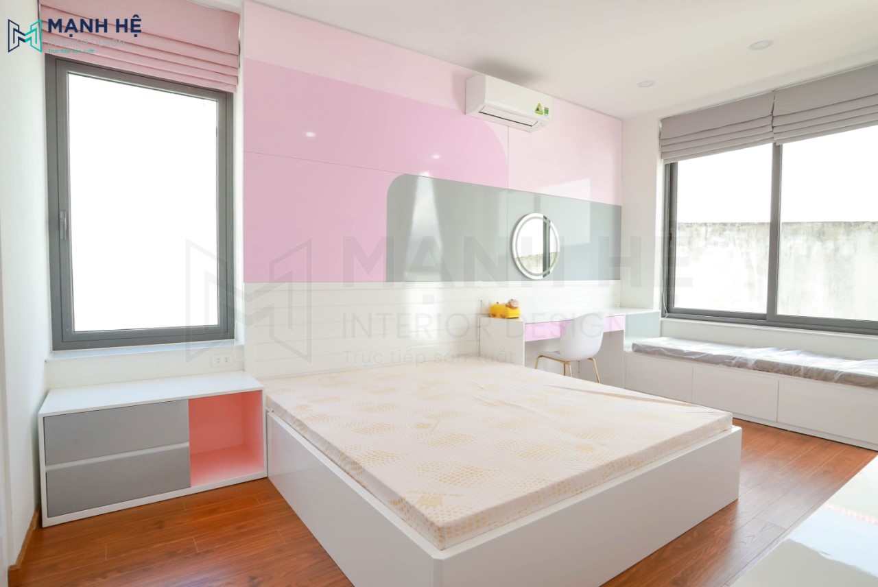 5. Thiết Kế Thi Công Nội Thất Phòng Ngủ Bé Tổng thể không gian phòng ngủ con gái với gam màu hồng chủ đạo