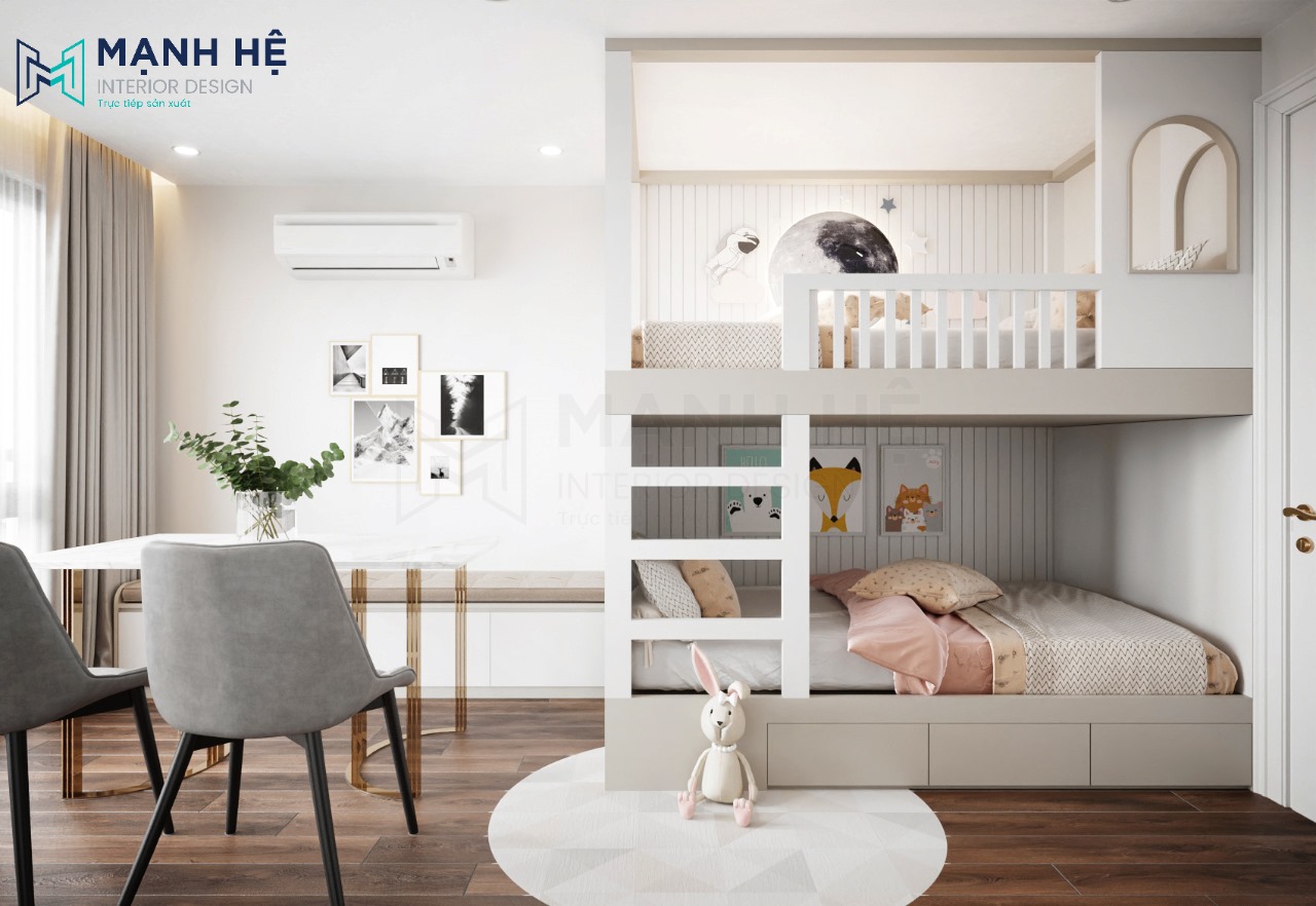 Giường tầng màu trắng phối kem cho bé gái được tích hợp các hộc kéo