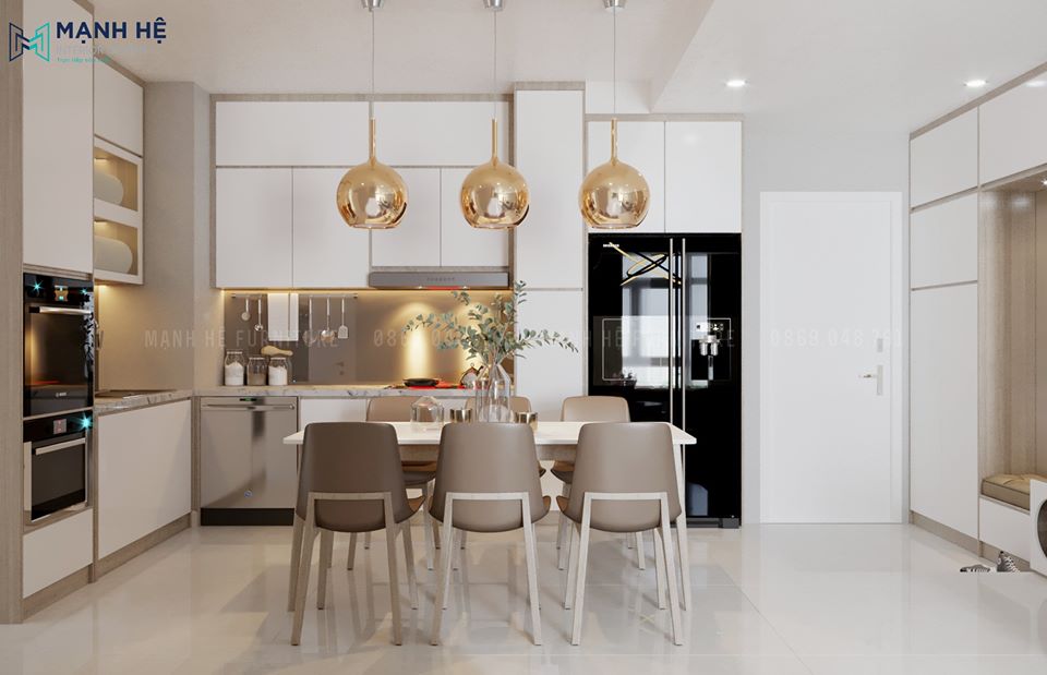 6tu Bep Dep Thiết kế nội thất phòng bếp chung cư sử dụng tủ bếp màu trắng