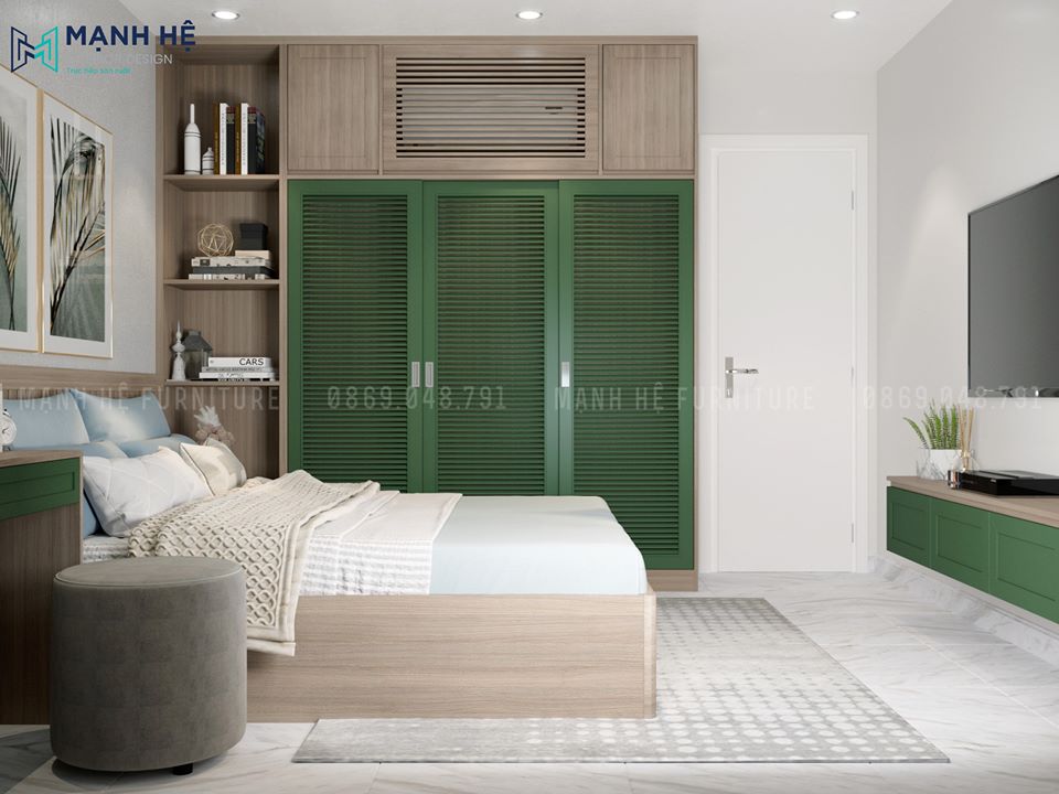 7 Phong Ngu Master Thiết kế nội thất phòng ngủ hiện đại 2 gam màu xanh, gỗ sang trọng