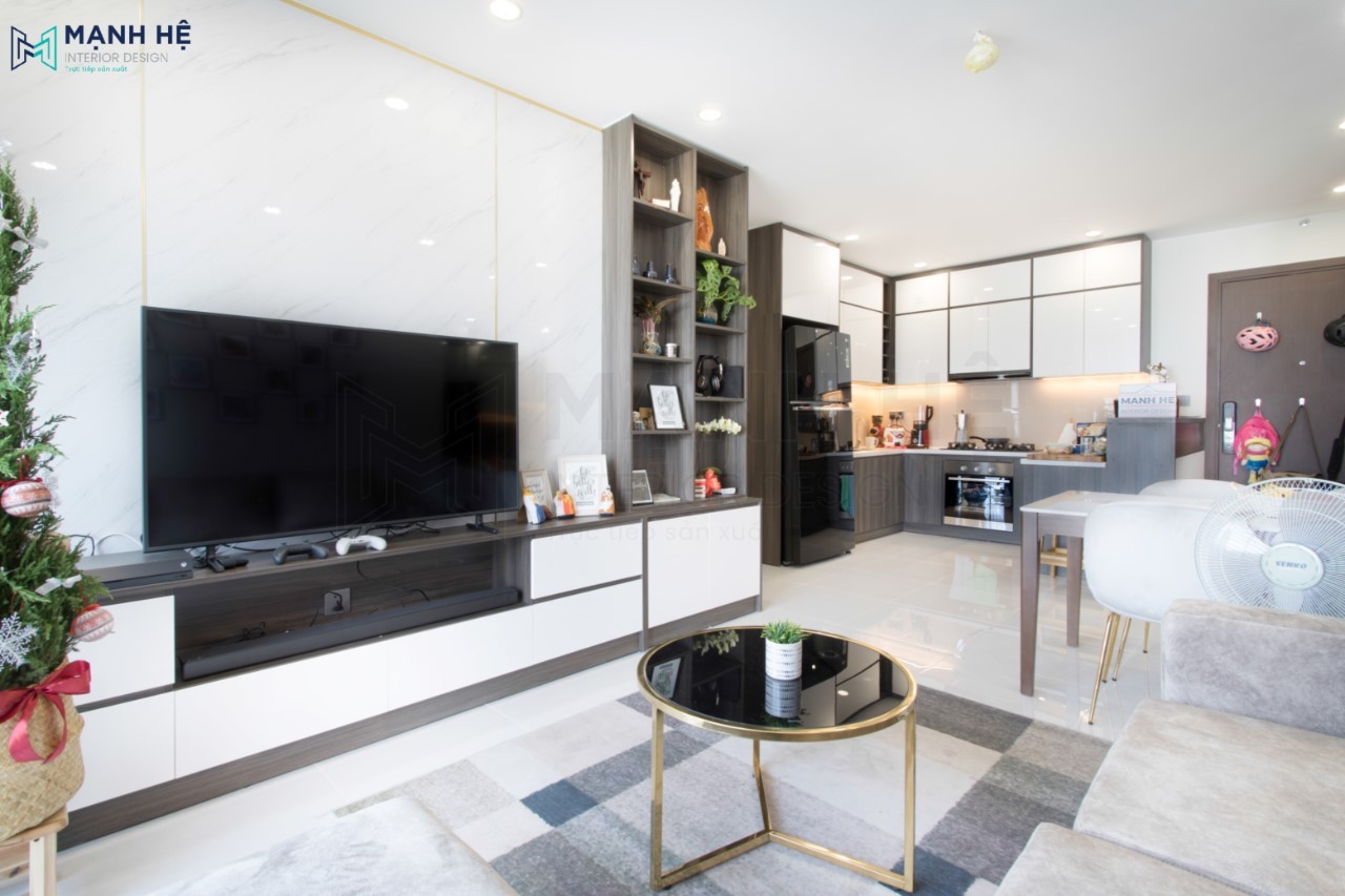 Hoàn thiện thi công nội thất chung cư Sunrise Riverside phòng khách liền bếp hiện đại