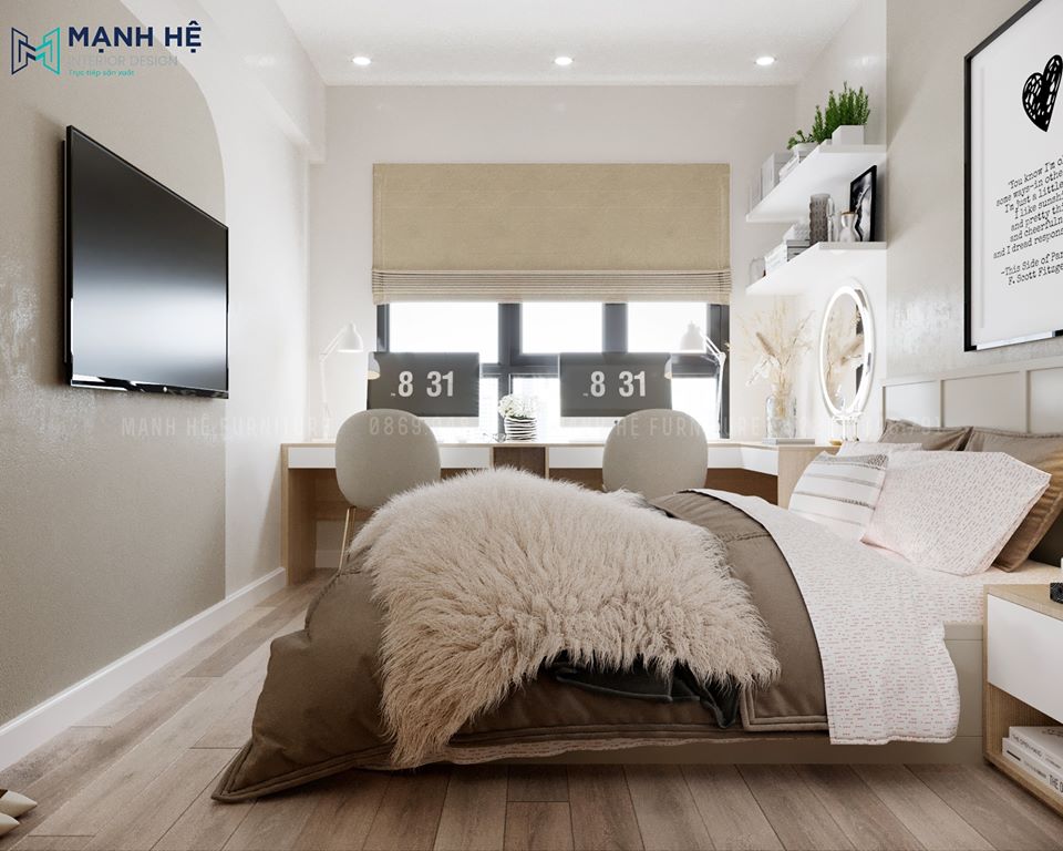 Bàn Làm Việc Ngay Cửa Sổ Giường ngủ lớn liền bàn trang điểm và bàn làm việc