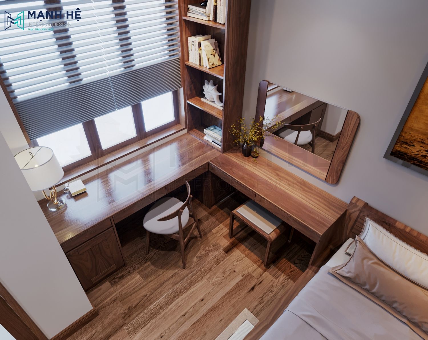 Ban Trang Diem Cung Ban Lam Viec Noi That Manh He Không gian phòng ngủ khá ấm áp