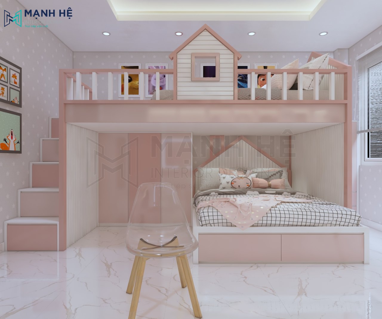Giường tầng màu hồng hình ngôi nhà tích hợp tủ đựng quần áo