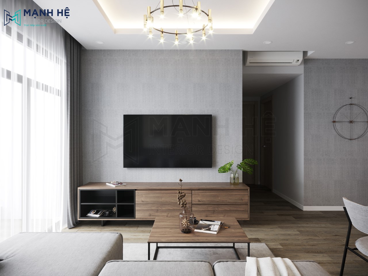 Thiet Ke Noi That Chung Cu Phòng khách nhìn từ sofa với chiếc kệ tivi đơn giản