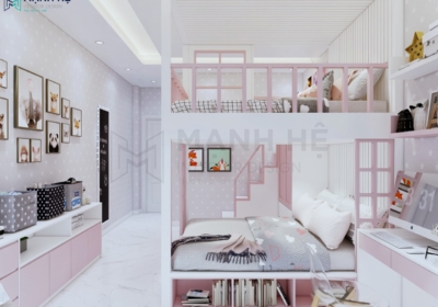 Giường tầng màu hồng kèm tủ áo GT004