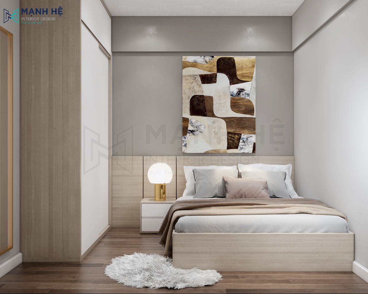 Noi That Phong Ngu Nho Tranh treo đầu giường nghệ thuật cũng tuân thủ theo tone màu vàng nâu ấm áp, không quá nổi bật