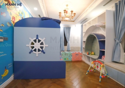 Thực tế thi công giường tầng cho bé trai màu xanh thủy thủ năng động