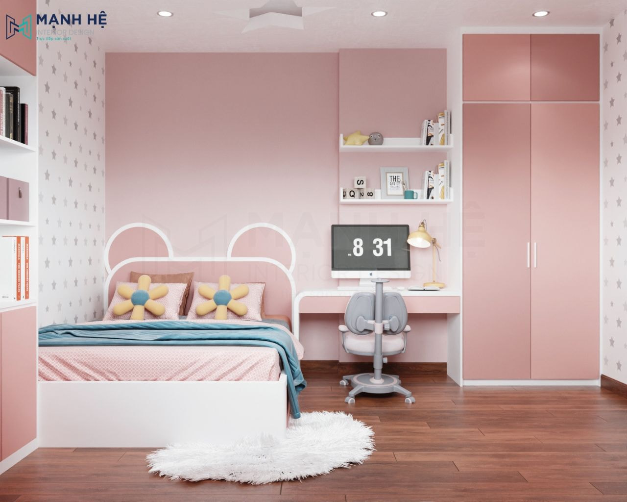 Thiết kế nội thất phòng ngủ trẻ em màu hồng pastel nền nã, xinh xắn