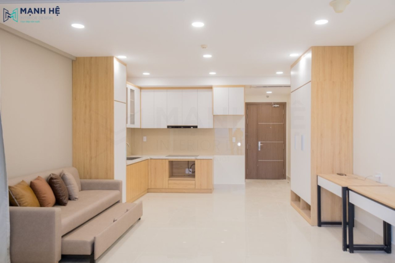 Mẫu thi công nội thất căn hộ dịch vụ bằng gỗ công nghiệp cho phòng khách liền bếp và phòng ngủ