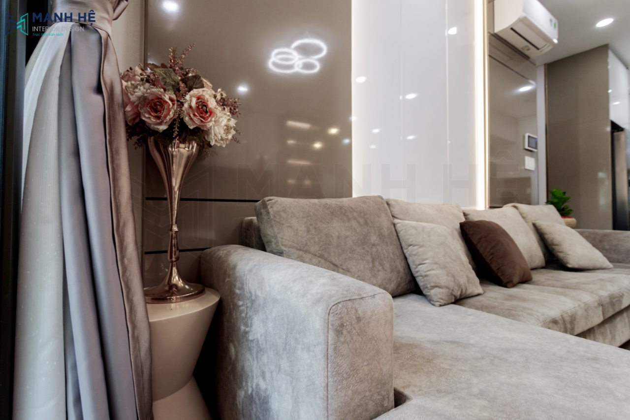 Thi công hoàn thiện nội thất phòng khách chung với gam màu be nhã nhặn