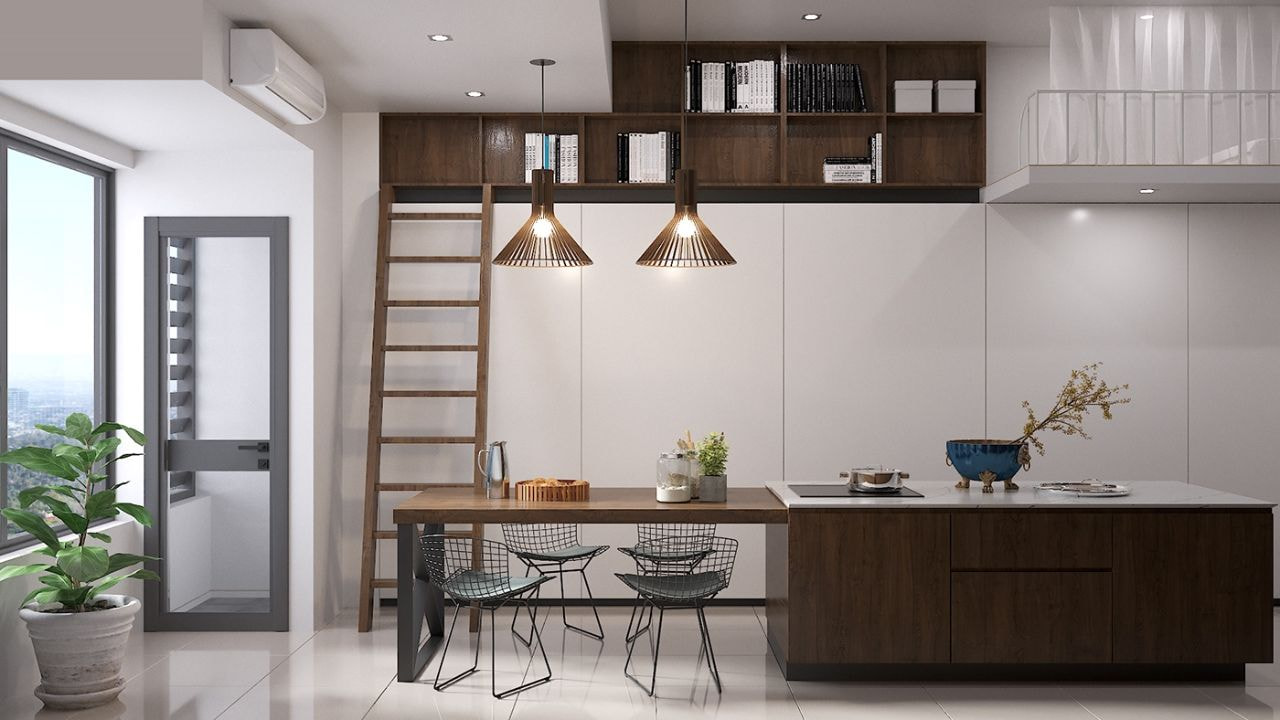 Thiết kế nội thất căn hộ chung cư 40m2 bằng gỗ có bàn đảo bếp kết hợp bàn ăn
