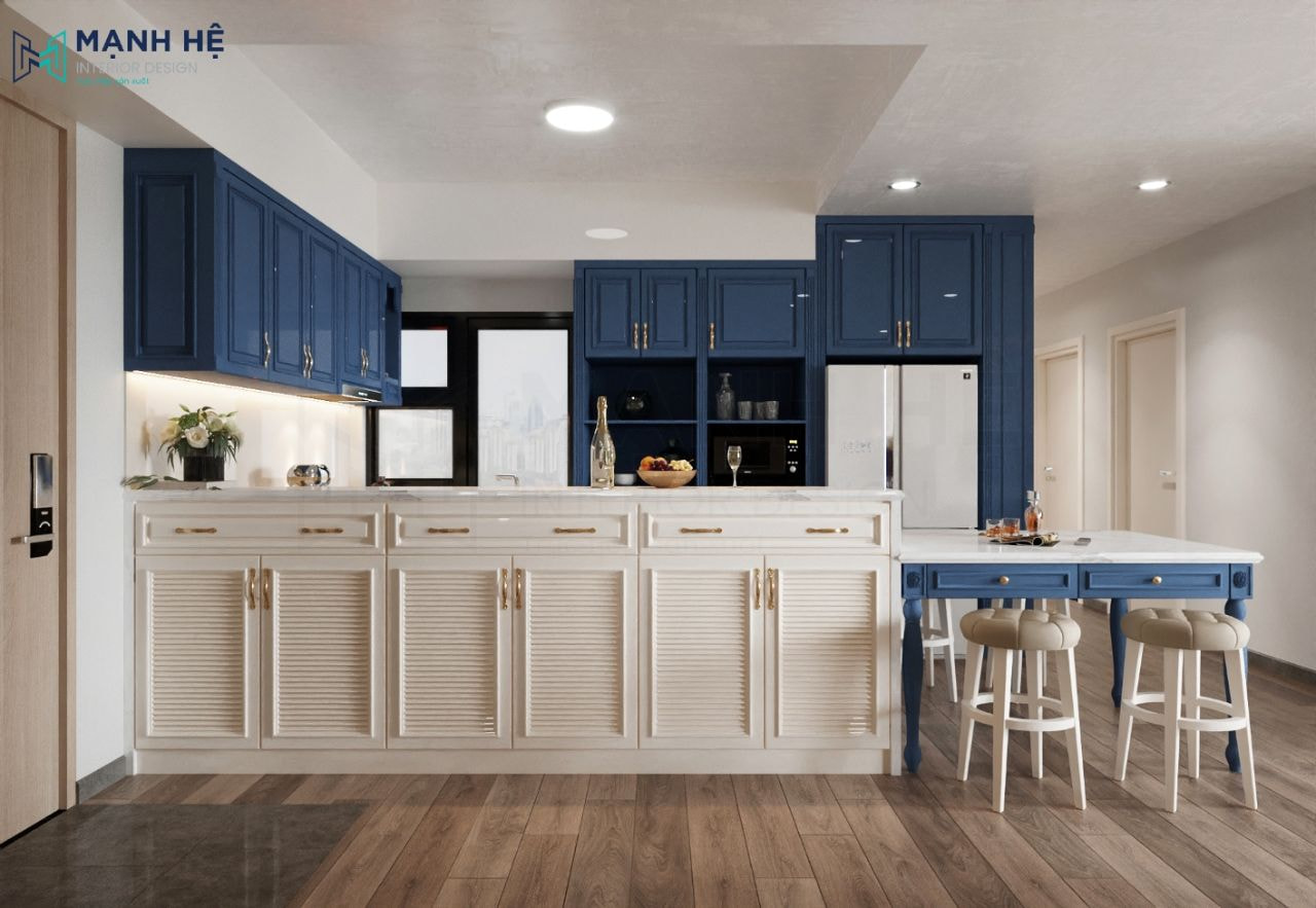 Đường nét thiết kế mềm mại khiến không gian phòng bếp tân cổ điển thu hút hơn