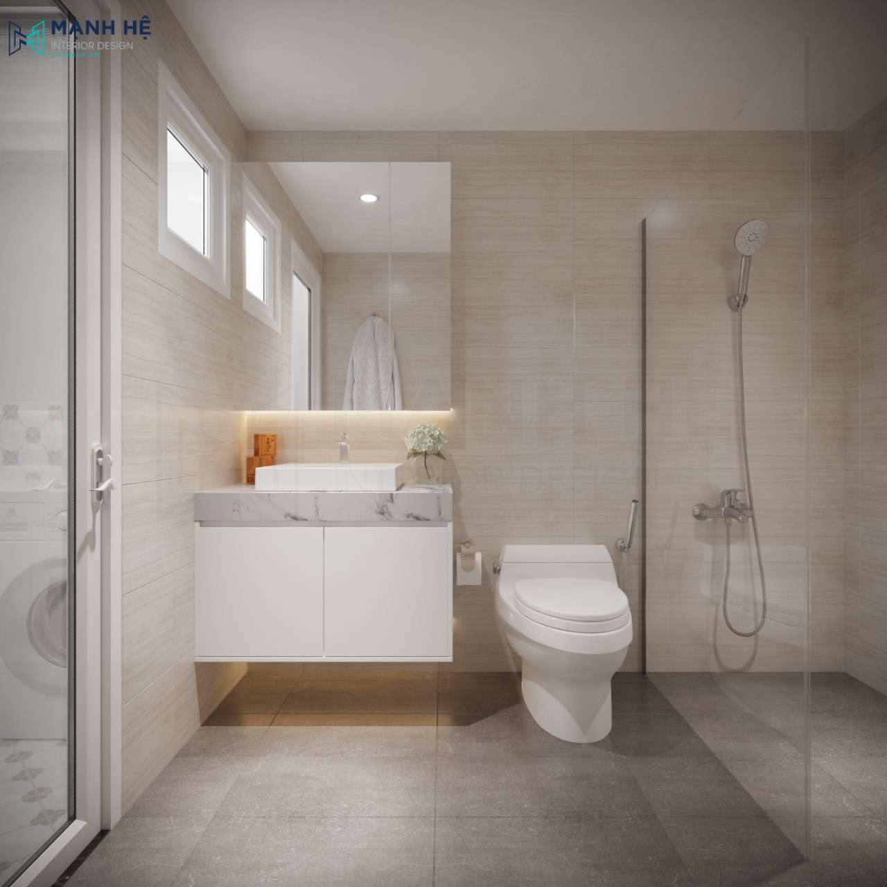 Nhà vệ sinh chung hiện đại được ốp gạch toàn bộ sạch sẽ 