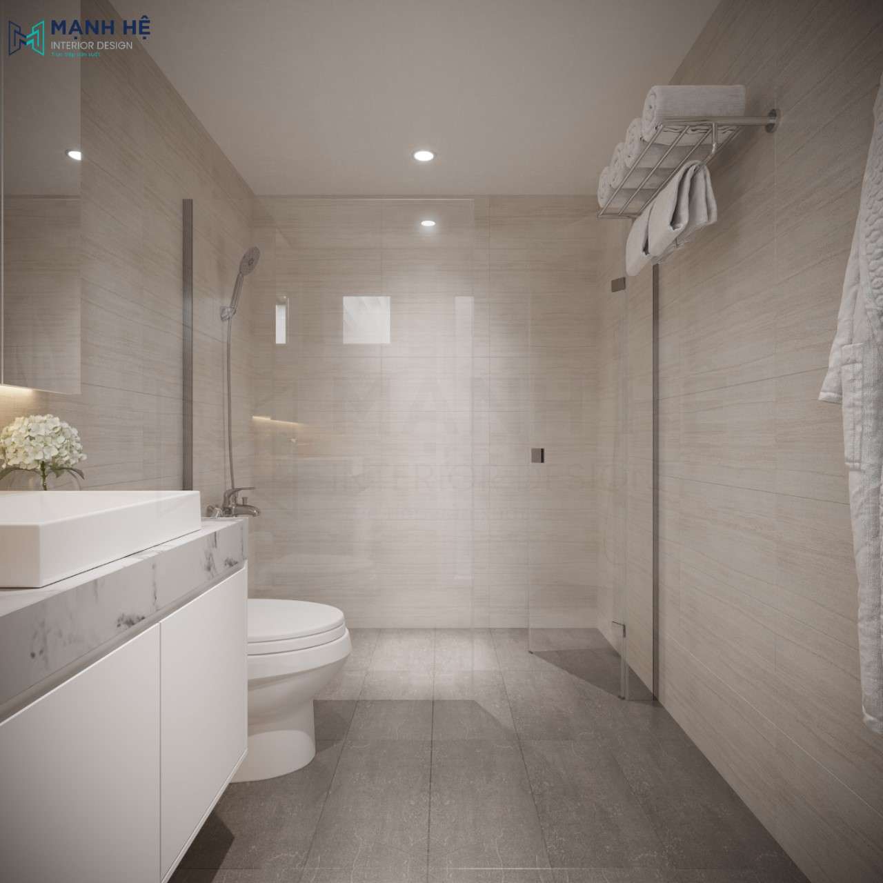 Sử dụng vách ngăn kính ngăn cách khu vực tắm không bị tình trạng ẩm ướt