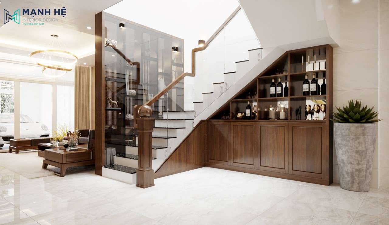 Cạnh bên đó tối ưu từng centimet diện tích khi tận dụng cầu thang làm tủ lưu trữ đồ dùng