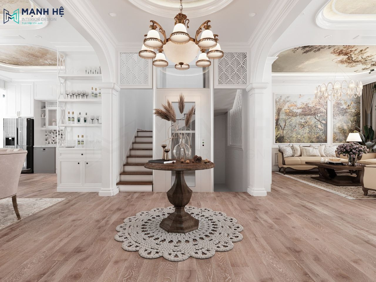 Thiết kế trần thạch cao kết hợp đèn thả sang trọng làm điểm nhấn cho phòng khách