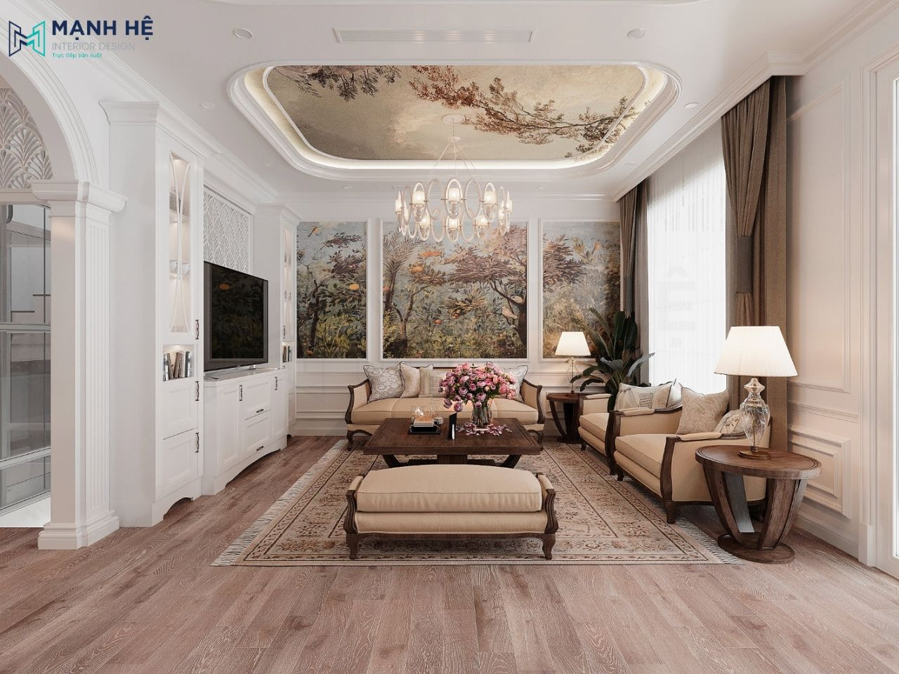 Thiết kế trần thạch cao kết hợp đèn thả sang trọng làm điểm nhấn cho phòng khách