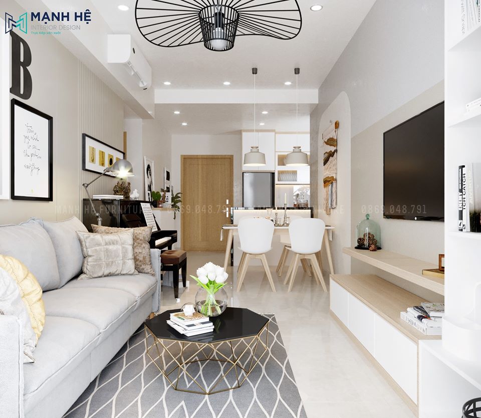 Thiết Kế Nội Thất Phòng Khách Chung Cư Phòng khách bố trí sofa chữ I nhỏ đẹp