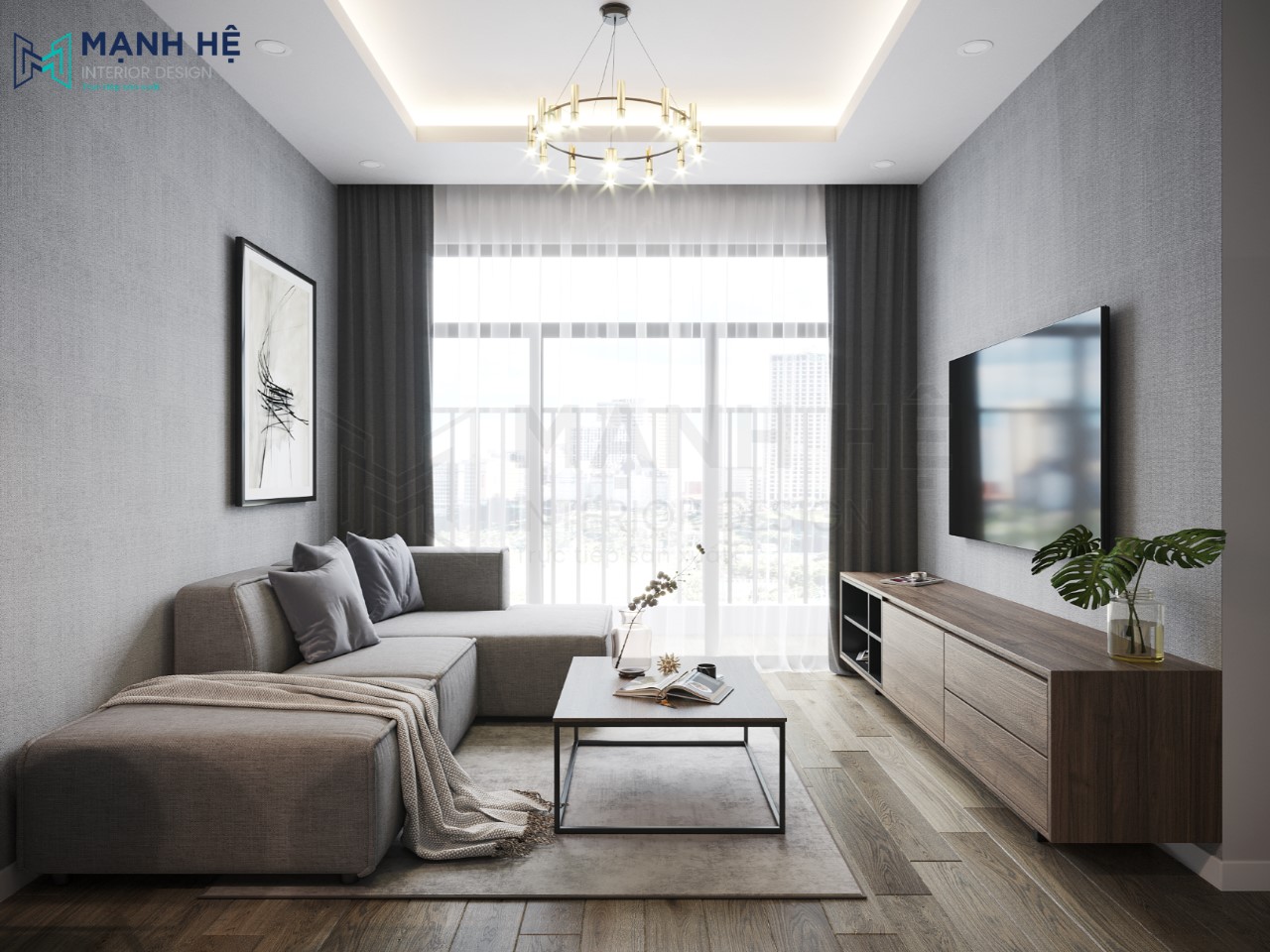Thiet Ke Noi That Chung Cu Phòng khách chung cư có đủ từ sofa, kệ tivi đơn giản nhưng rất hiện đại