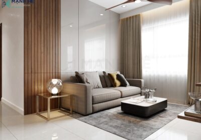 Thiết kế nội thất chung cư 70m2 hiện đại chất liệu gỗ công nghiệp với vách ốp tường phủ acrylic sáng bóng