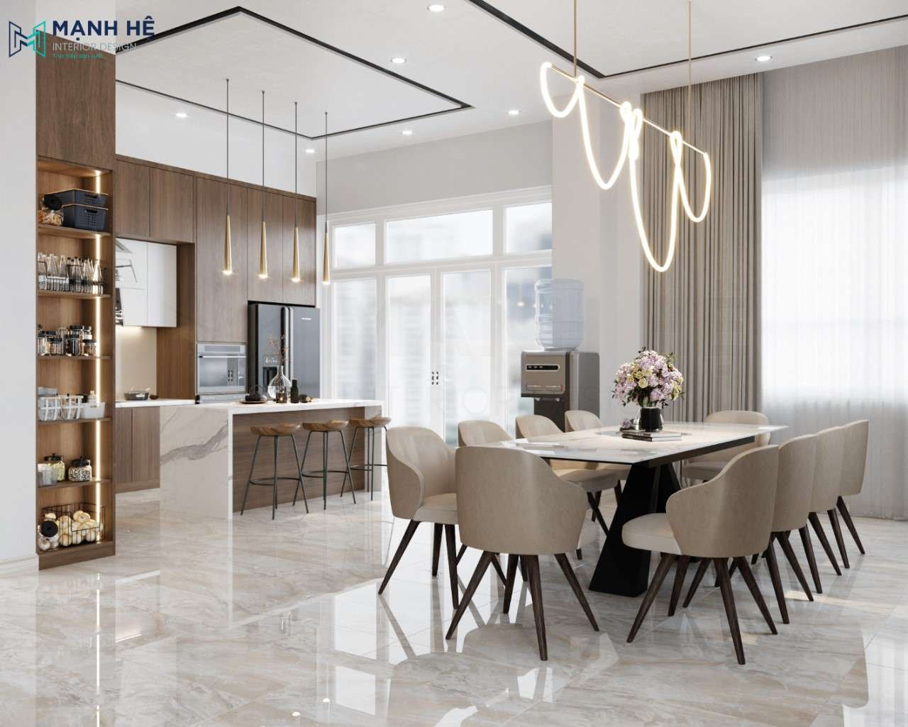 Tổng thể không gian phòng ăn và bếp nối liền nhưng vẫn chừa khoảng chống thoải mái, thuận tiện di chuyển