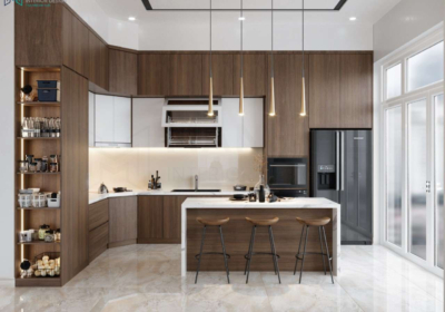 Thiết kế phòng bếp nhà phố sử dụng hệ tủ bếp chữ L tối ưu không gian nấu nướng thoải mái