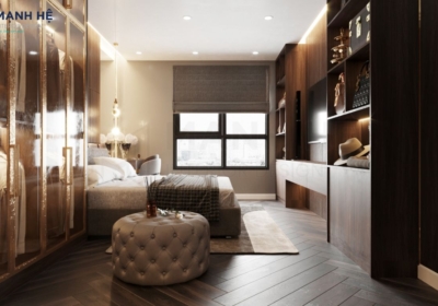 Góc nhìn từ cửa vào thấy được toàn bộ phòng ngủ trang trí thêm đèn trang trí và tối ưu ánh sáng bằng rèm remand