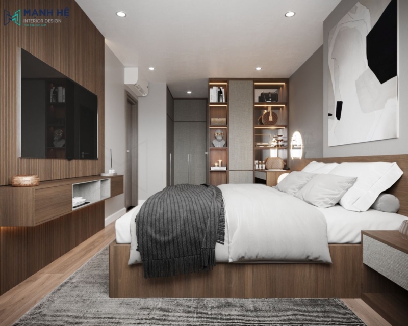 Hệ kệ trang trí giúp gia chủ có thể tối ưu không gian lưu trữ và decor theo phong cách riêng tạo điểm nhấn sang trọng cho căn phòng ngủ master