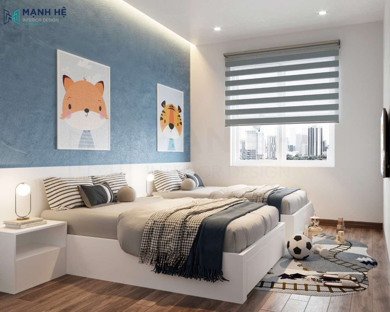 Vách tường sơn hiệu ứng xanh dương tạo điểm nhấn cho gian phòng ngủ nhỏ của bé