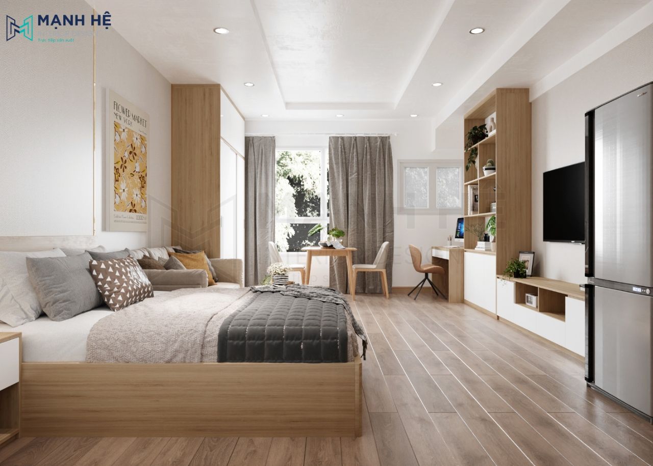 Thiết kế nội thất căn hộ chung cư có phòng khách liền phòng ngủ