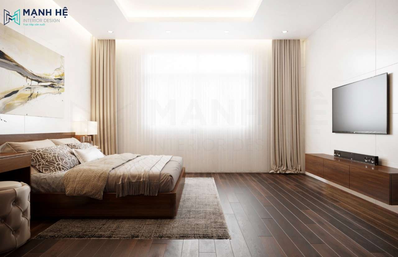 Phòng ngủ có kệ tivi và bàn trang trang điểm treo tường tinh tế 