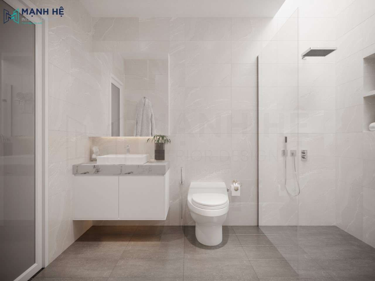 Phòng vệ sinh chung Phòng vệ sinh chung thiết kế tối giản với gam màu nude tinh tế  Sử dụng vách ngăn kính hạn chế ẩm ướt  