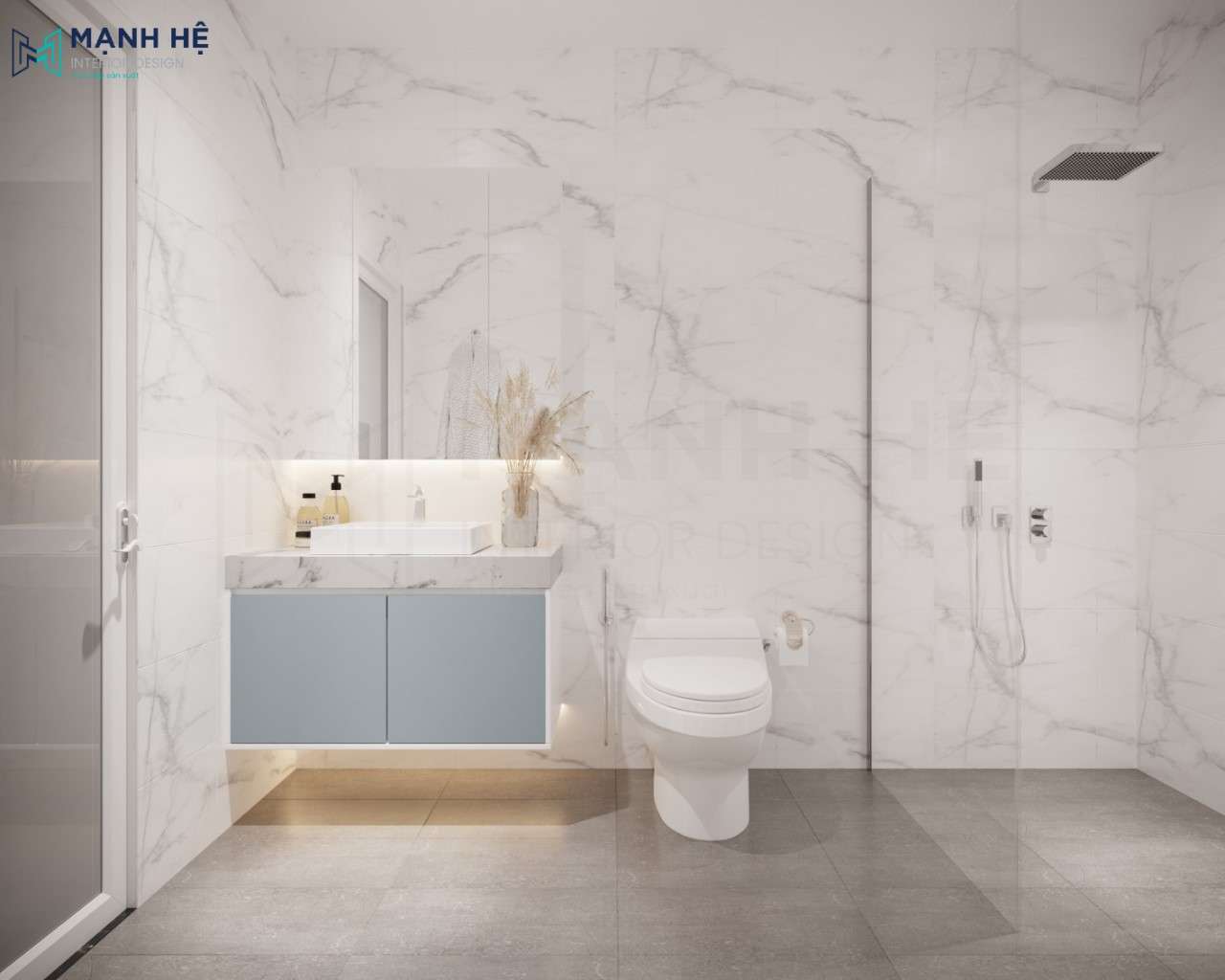 Nhà vệ sinh hiện đại được thiết kế cùng tông màu xanh dương tạo sự đồng bộ cho bé