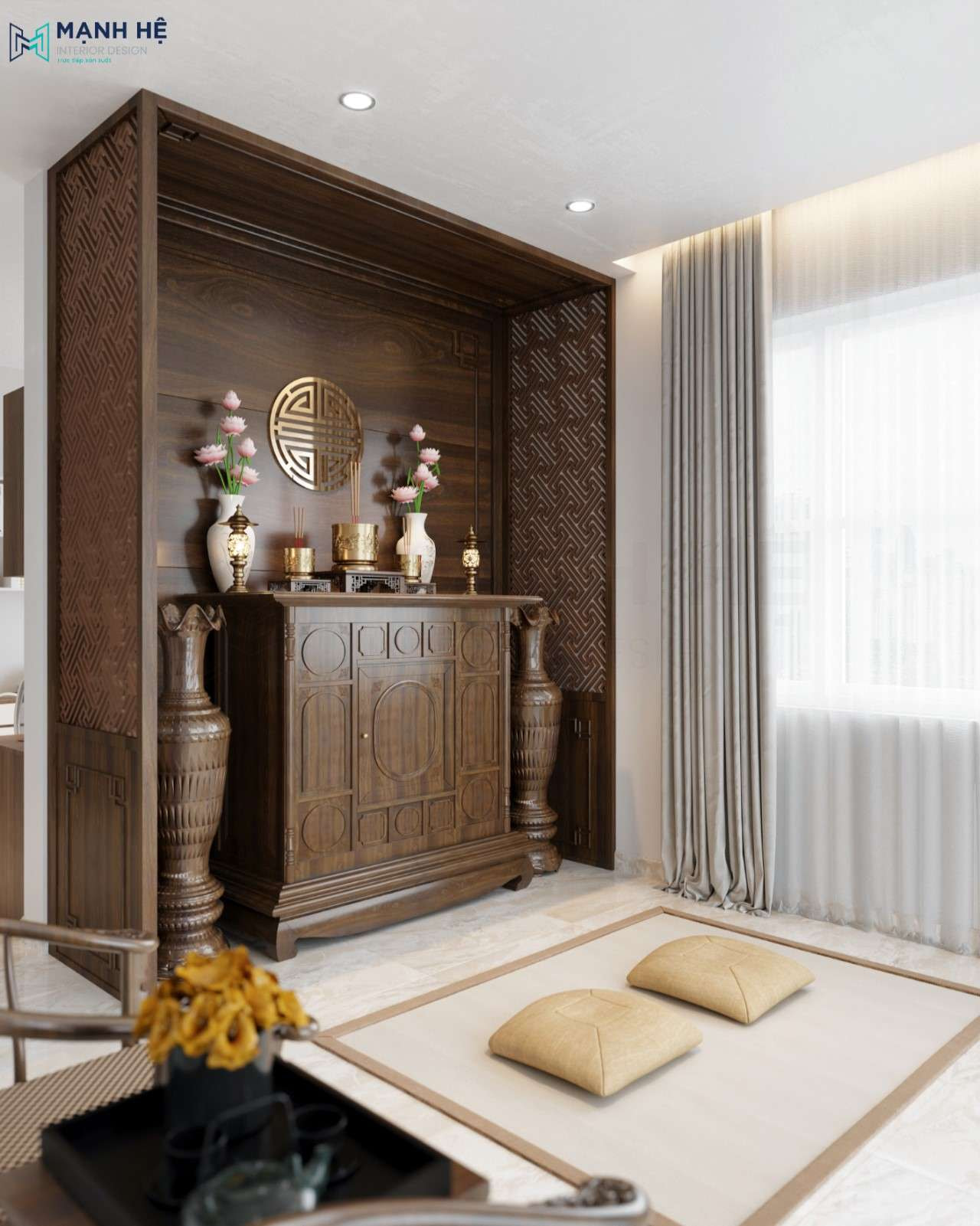 Nội thất phòng thờ sử dụng gỗ tự nhiên trang nghiêm với vách ngăn PVC hoa văn lạ mắt